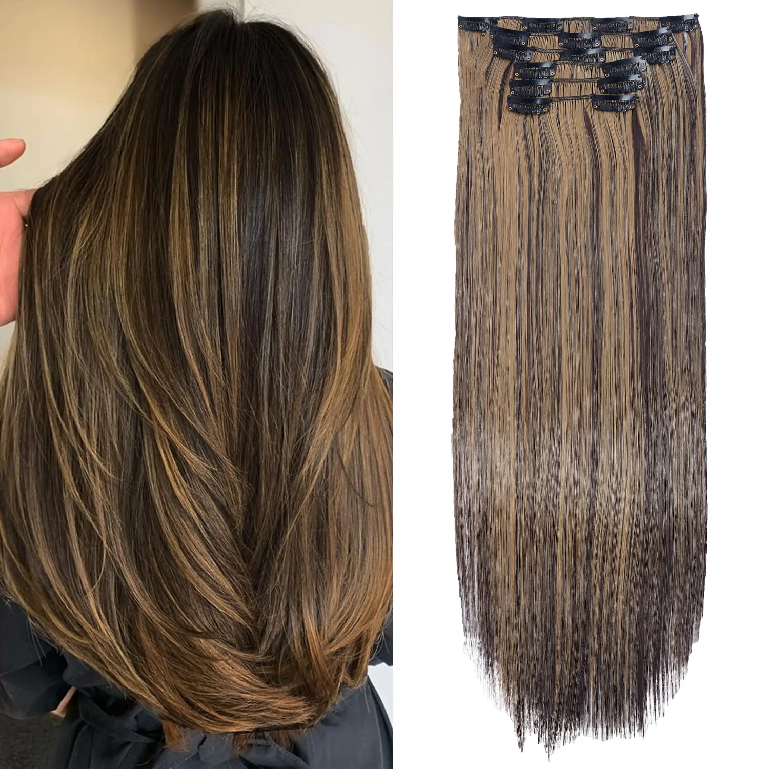 VOSILK Women's Colored Mixed Color Premium Synthetic Hair Extensions, 24Inch Brown with Blonde Highlights, 6PCS Thick Extensions Hair Clip-In Hairpieces