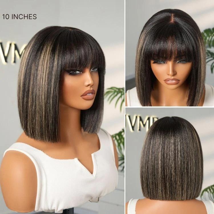 Put On And Go Reddish Purple Layered Cut Yaki Straight Minimalist Lace Bob Wig With Bangs 100% Human Hair