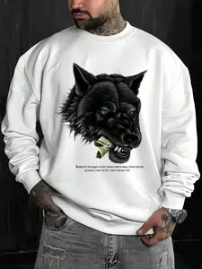 Wolf Head Sweatshirt - Wolf Bites Dollar Design - Casual Party, Suitable For Autumn And Winter, Men's Autumn And Winter Fashion Street Casual Crew Neck Sweatshirt, Suitable For Gifting, Crew Neck Design, Comfortable And Warm Fabric Stylish And Warm