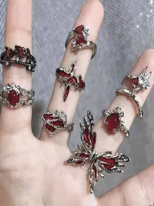 9X Gothic Emo Punk Rave Alternative Red Gem Silver Ring Set – Adjustable Rings