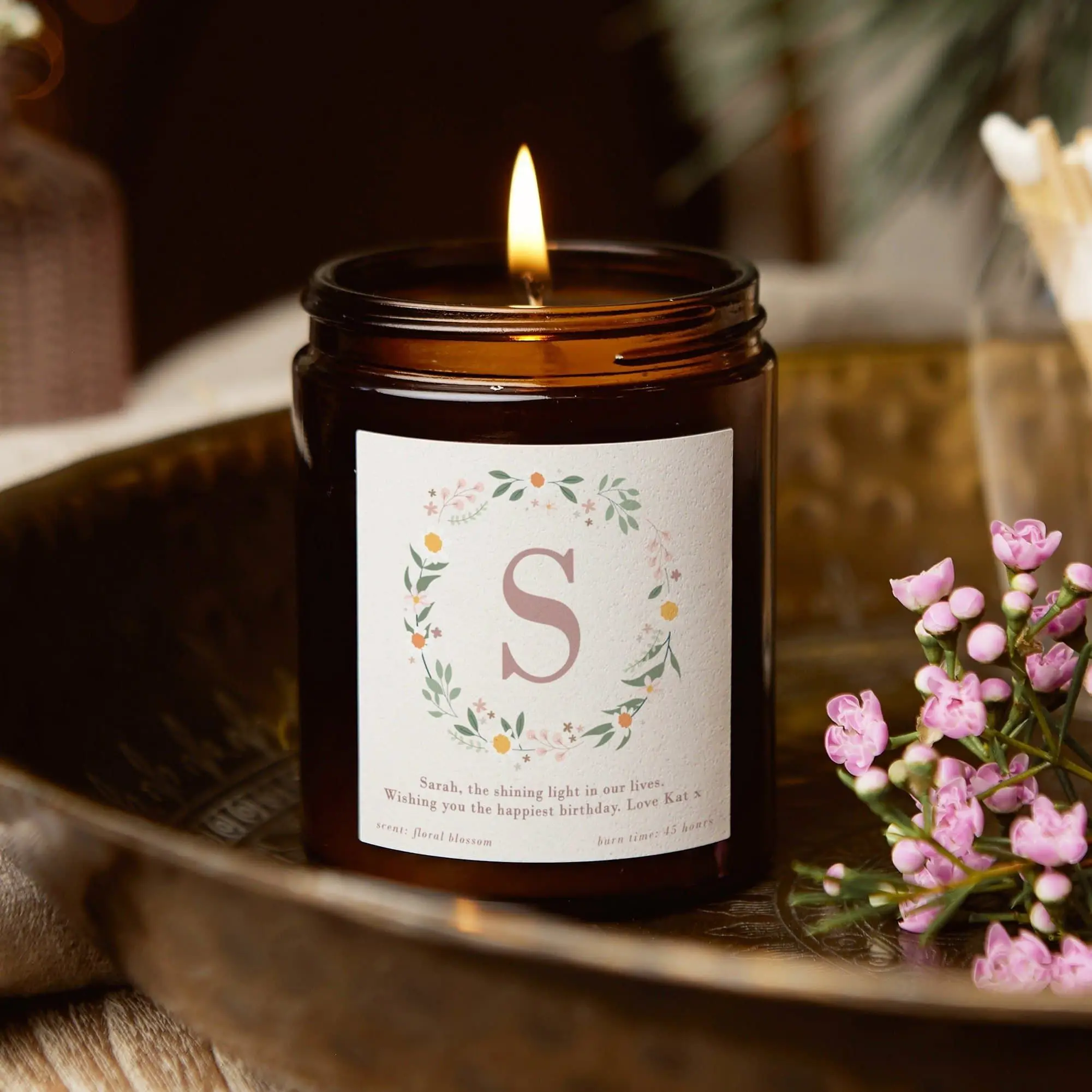 Initial Gift Flower Wreath Candle, Alphabet Birthday Gift For Her, Personalised Scented Candle