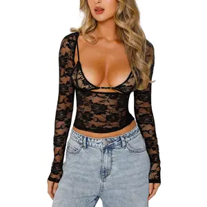Women's Mesh Floral Lace Tops Low Cut Sheer Long Sleeve Pullovers Fitted Crop Shirt with Bra Y2K Summer Streetwear Clubwear