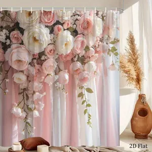 Elegant 2D Flat Print Floral Shower Curtain, Soft Pink & White Roses and Peonies, Wedding Home Decor Bath Curtain, 70.8x70.8 Inch