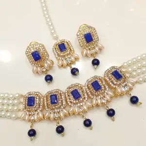 Pakistani Chokar Set with Earrings and Tikka Featuring Blue Gemstones and Pearl Accents for Traditional Wear