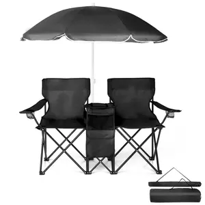 Durable Dual-Seat Foldable Camping Chair with Portable Sun Umbrella 55 Inch Oxford Frame for Camping, Beach, and Outdoor Use
