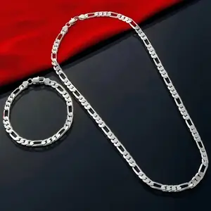 925 Sterling Silvery 4mm Triple Figaro Cuban Link Chain Necklace,Unisex Necklace & Bracelet, Must-Have Streetwear Essential,Hypoallergenic, Tarnish-Resistant, Ideal For Parties & Gifts,FigaroChain,LayeredNecklaces,StreetwearJewelry
