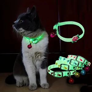 4Pcs Luminous Cat Collars with Bell, Glow-in-the-Dark & Blacklight Reactive, Soft Comfortable Outdoor Night Walking Collar, Random Design for Cats