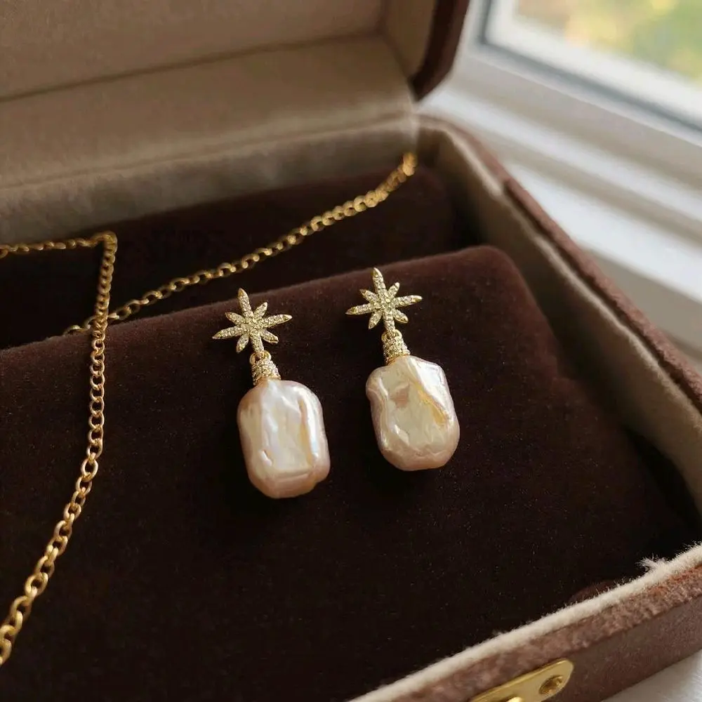 HM Natural Pearl Baroque Luxurious 925 Dangle Earrings