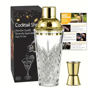 Elegant Glass Cocktail Shaker with Sword Pattern, Stainless Steel Lid, Utensils, Ideal for Bars, Pubs, Clubs, Restaurants, Home Use