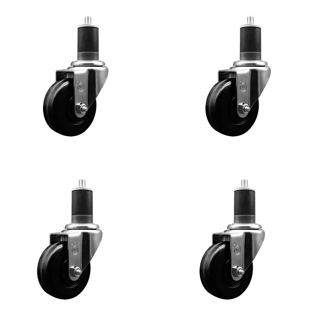 Service Caster SCC-EX20S3514-PHS-158-4 Phenolic Swivel Expanding Stem Chrome Caster, 3.5 in. Black Wheels, 1.63 in. Stems - Set of 4, Chrome Castors, 300 Lbs Per Caster, Casters
