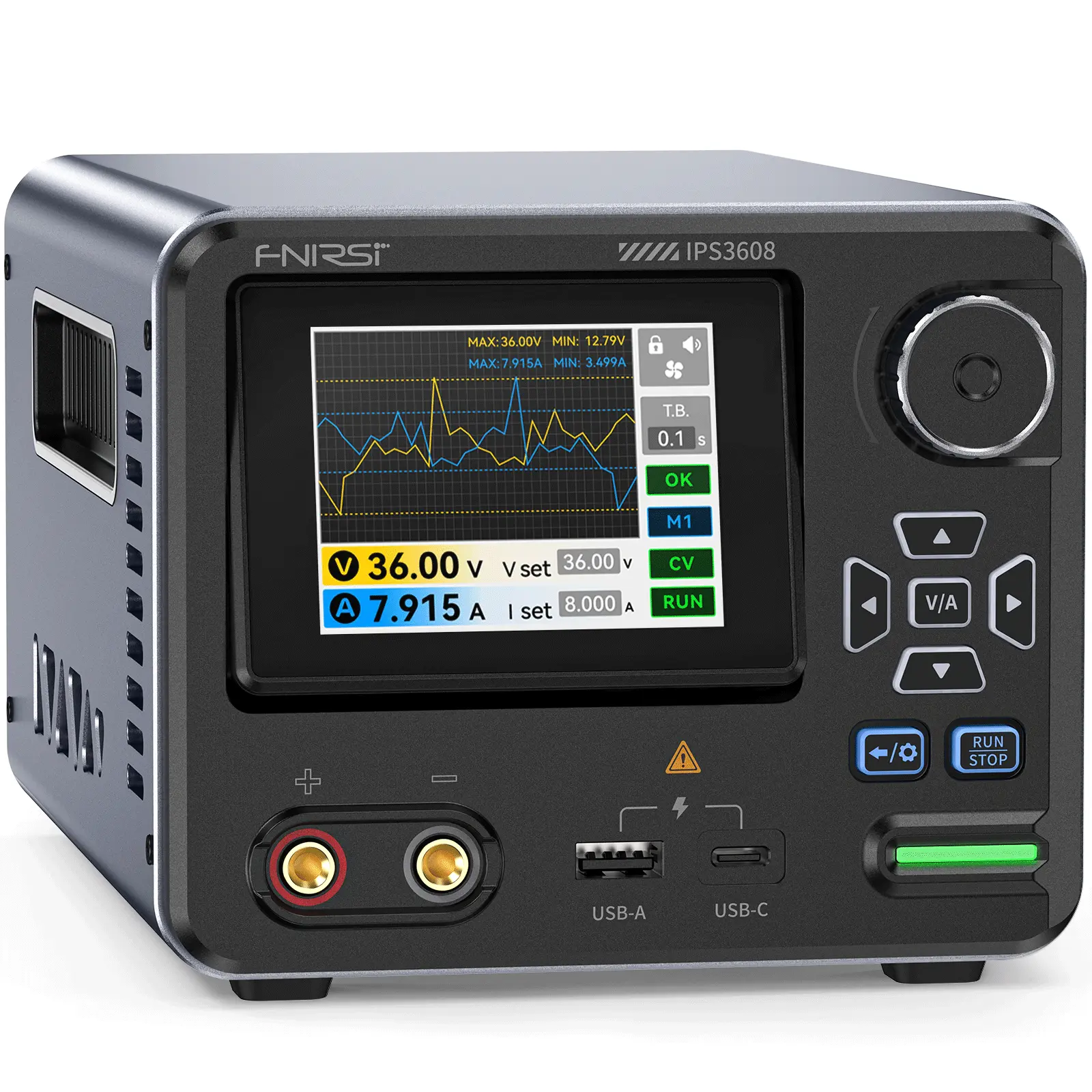 FNIRSI IPS3608 DC Power Supply Variable 36V 8A Bench Power Supply with <10mV Low Ripple Aluminum Shell USB-A\&Type-C Port Day/Night Dual UI 4-Digit IPS Display PC Programmable 6 Preset Data