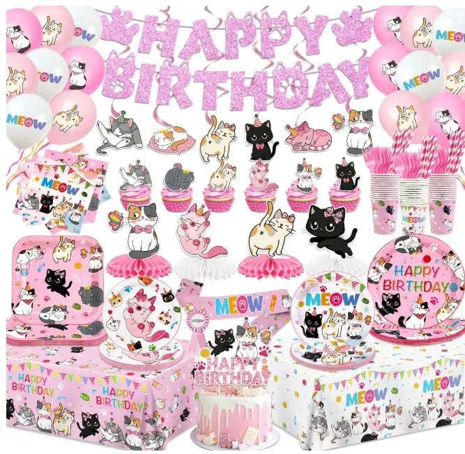 Cat Birthday Decorations 234PCS Cat Party Decorations Include Meow Plates Napkins Tablecloth Banner Balloons Kitten Cake Toppers Tableware Set for Cats Themed Birthday Parties Supplies,Serves 26