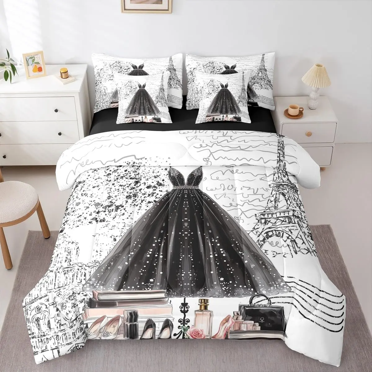 Fashiony Dress Bed in a Bag Black White Eiffel Tower Paris Comforter Set with Sheets Perfume Modern Women 7 Piece Bedding Set Romantic High Heels Makeup