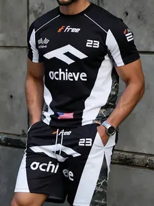 Racing jersey set, two-piece of short-sleeve jersey and drawstring shorts, with black-white color blocking and camouflage side panels, featuring number and letter print design, great for daily outings and sports fitness, full of cool vibe