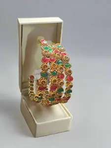 Elegant Matte Finish Stone Bangles Set - Pink & Green Stones | 4-Piece