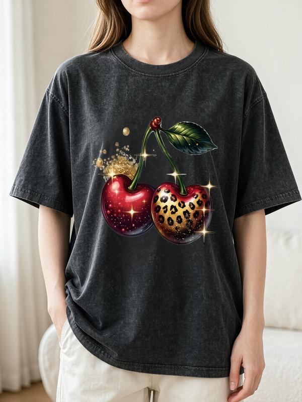 Women's Plus Size Acid Wash Cotton Fabric T-Shirt - Vintage Oversized Short Sleeve Crew Neck Top, Leopard Glitter Cherry Graphic, Casual Streetwear Curvy Fit Tee