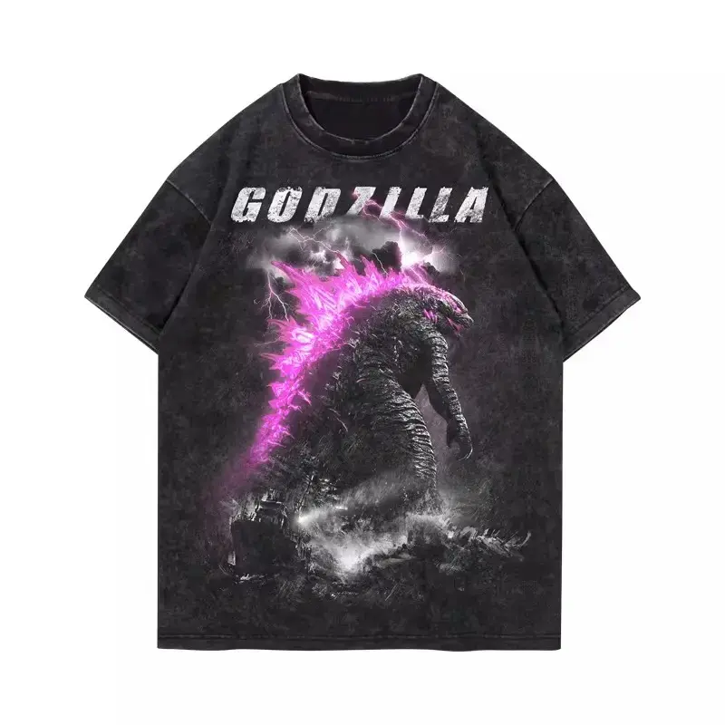 Men's Cotton Washed Carbon Black Distressed Graphic T-Shirt - Pop-Culture Godzilla vs King Kong Print, Casual Streetwear Short-Sleeve Top, All-Season Wear