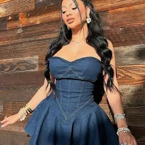 Spring Jean Dress - Casual Women's Dress with Smocked Bodice and Flared Skirt in Navy - Womenswear