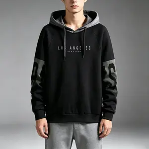 Men's Los Angeles Graphic Color-Block Hooded Sweatshirt - Two-Tone Beige & White Pullover with Adjustable Drawstring Hood, Long Sleeve Casual Winter Wear for Outdoor & Everyday Use, Everyday Pullover |   Graphic Print Sweatshirt |   Durable Casual Wear