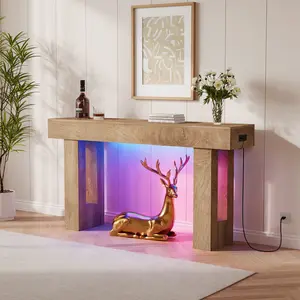 63 Inch Entryway Console Table with Charging Station and LED Lights Rustic Wood Sofa Table Slim Long Behind Sofa Couch Table Narrow Hallway Foyer Table Smart Accent Display Rack for Living Room Apartment Farmhouse