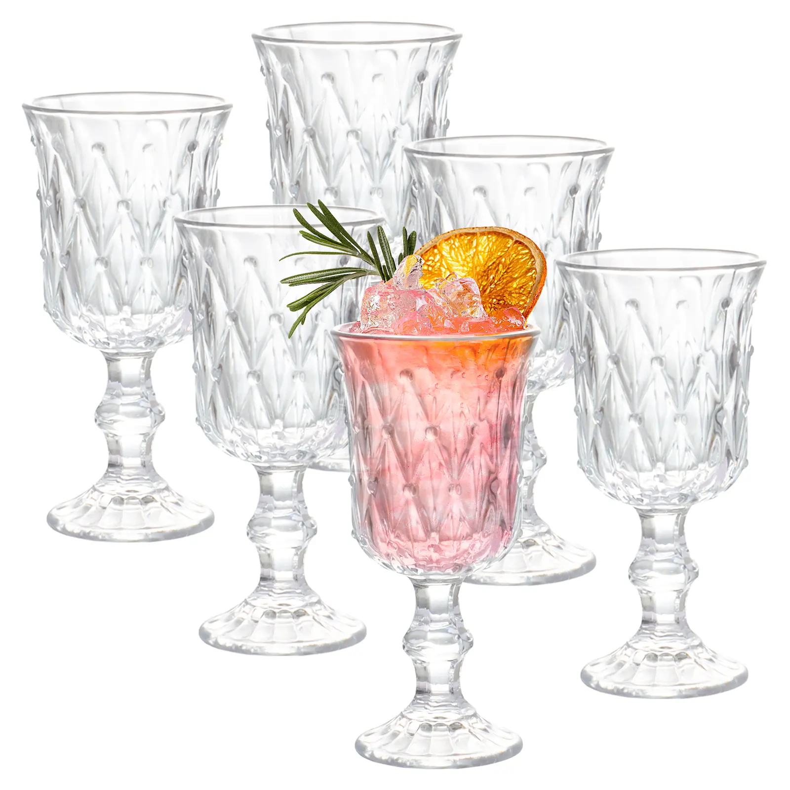 Set of 6 Vintage Embossed Glass Goblets, 7 oz Clear Stemmed Drinking Glasses, Elegant Retro Wine Glasses for Water, Juice, Soda, Cocktails, Wedding, Party & Home Use