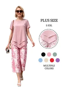 Women's 2-Piece Summer Set — Chiffon Top & Tropical Leaf Print Wide-Leg Pants, Vacation Matching Outfit #summer vacation sets