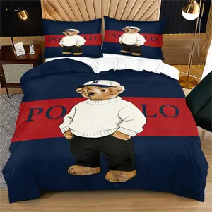 Teddy bear pattern printed Duvet Cover Set, cute adult bedroom decoration gift, including 1 duvet cover and 1 or 2 pillowcases without core and pillow
