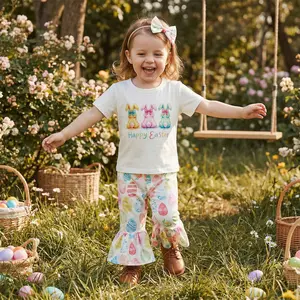 Girls Easter Outfit, Short Sleeve Rabbit Print T-shirt with Eggs Print Flare Pants and Bowknot Headband Summer Outfit