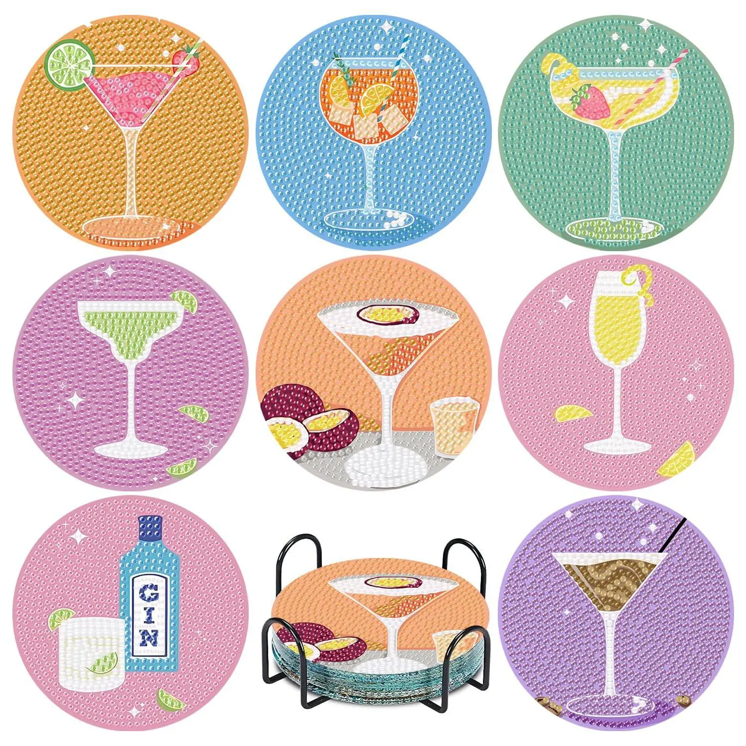 8Pcs Diamond Painting Coasters with Holder,DIY Cocktail Life Coaster Diamond Art Kits for Adults Kids,Beginners Round Full Drill Diamond Art Craft Supplies