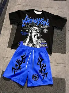2-piece men's New York Statue of Liberty lettering print crew neck short-sleeved T-shirt and shorts set, summer trendy street casual style outfit 5 colors suitable for travel and vacation