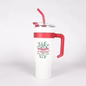 40oz Stainless Steel Travel Tumbler, Christmas Themed Water Bottle with Straw & Handle, Sports Water Bottle for Home Office Outdoor