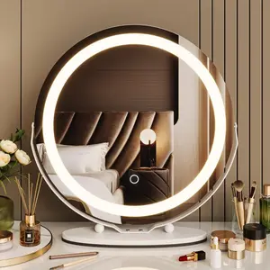 Christmas Gift White 19 Inch Vanity Mirror with Lights Round Large LED Dimmable Touch Lighting 360 Degree Rotation for Dressing Room and Bedroom Easy Assembly