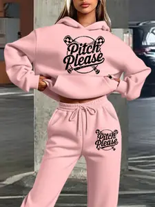 Women's Hooded Sweatshirt Set, Fall & Winter Baseball Letter Print, Casual Sporty Style, Fitted Design, Perfect for Sports Events, Athleisure Sportswear Set