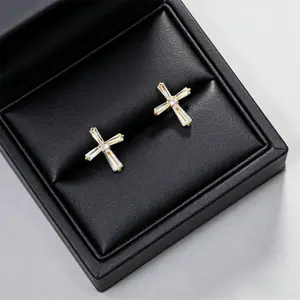 Gold Cross Stud Earrings - Copper 15mm×12mm CZ Cross Earrings - Dainty Religious Faith Jewelry for Women Men