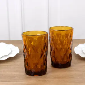 6-Pack Crystal Cut Whiskey Glasses 12oz Textured Design with Heavy Base Transparent Amber Gold 5" - Highball Tumblers for Cocktails & Drinks