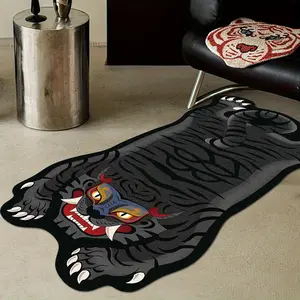 Black animal tiger rug, creative tiger stripe pattern design. Tiger-shaped pattern rug, hand wash only. Ideal for living room, bedroom, or entrance doormats. Unique home décor rug, decorative doormat. Suitable for outdoor patio, hallway, foyer, and indoor