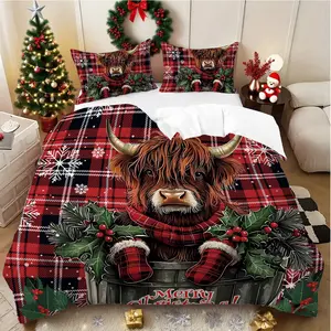 3-piece bedding set of happy Christmas striped plaid highland cow snowflake mosaic pattern, including 1 quilt cover + 2 pillowcases, is ideal for Christmas decoration in family dormitories