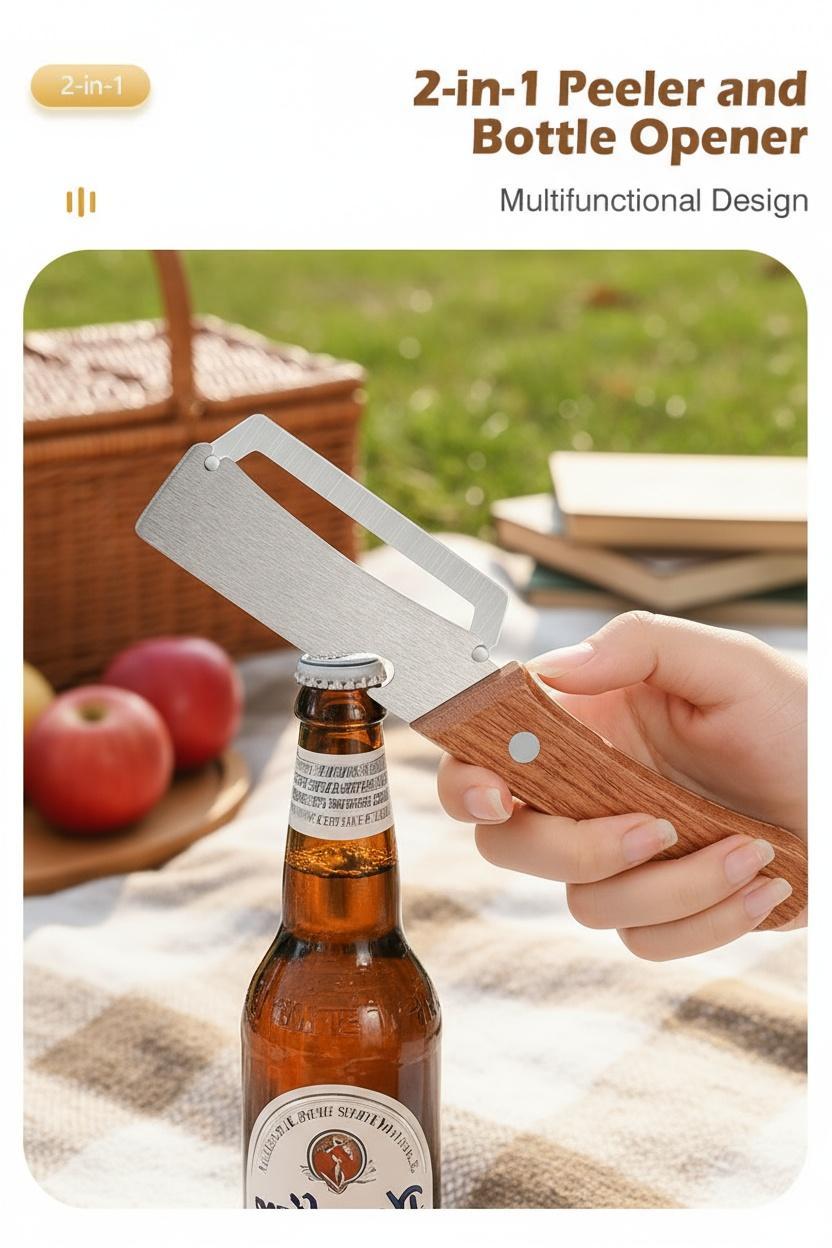 Wooden-Handled Stainless Steel Sharp Peeler with Built-In Bottle Opener for Fruits & Vegetables Ergonomic Non-Slip Handle Long-Lasting Construction Essential Kitchen Tool
