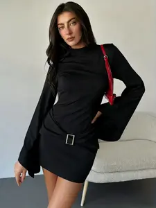 Women's Mini Bodycon Dress, Bell Sleeve, Long Sleeve, Small High Neck, Metal Decoration, Fashionable and Stylish, Perfect for Parties and Events, Fit
