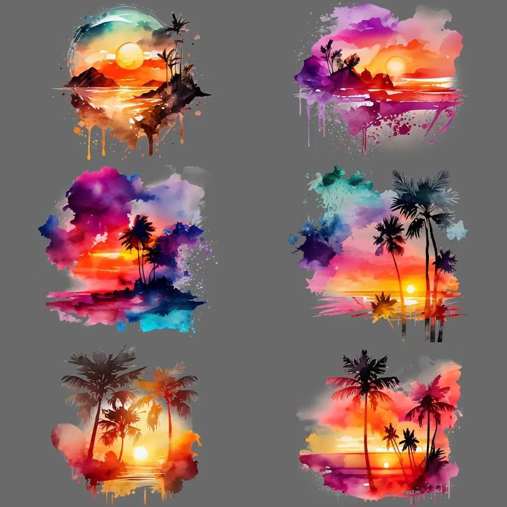 Tropical Sunset DIY Iron-on Transfer Sticker, 8 Counts/set Washable Heat Press Decals for Clothing, T-shirts, Masks, Jeans, Backpacks, Tropical Stickers, Diy Kit, Diy Material, Crafts
