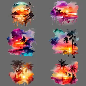 Tropical Sunset DIY Iron-on Transfer Sticker, 8 Counts/set Washable Heat Press Decals for Clothing, T-shirts, Masks, Jeans, Backpacks, Tropical Stickers, Handicraft
