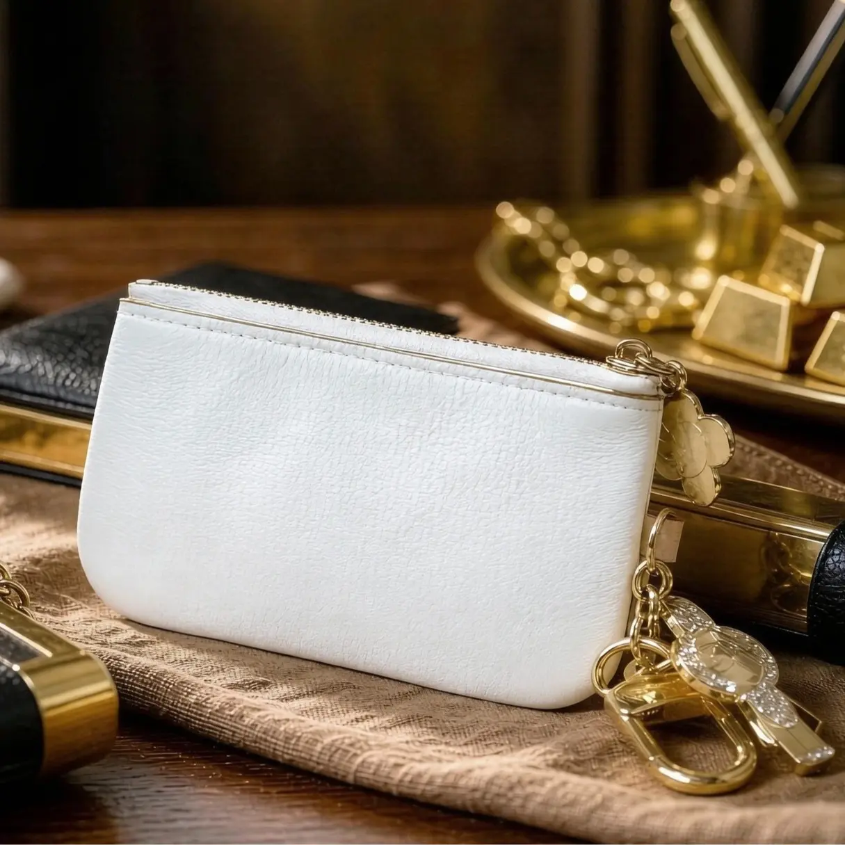 Viral Puffer Card Holder & Lipstick Pouch – Plush Quilted Wallet with Gold-Tone Charm Keychain – Compact RFID Card Bag for Women/Men, 2 Quilted Textures