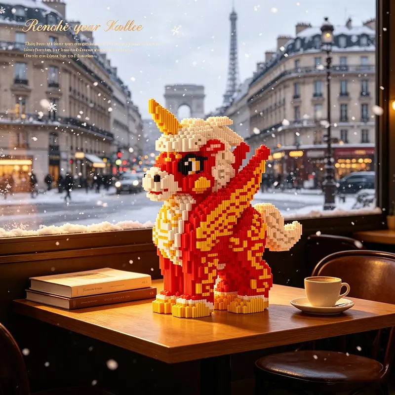 Snowy Night Gold Lion 3D Puzzle Block Decor, Ideal for Home Office Shelves, Party Decor, Perfect Gift for Holidays, Handmade Craft