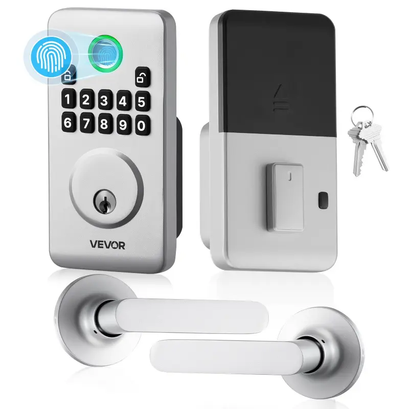【Summerfinds】VEVOR Aluminum Alloy Electronic Biometric Deadbolt Lock Set with Handle, VE10-L Keyless Entry Lock, Easy-Grip Design, Auto-Locking, 1-Time Code, Anti-Peeking Password, Backup Keys, IP55 Rated for Indoor/Outdoor Home Use, Silver, Apartment, Do