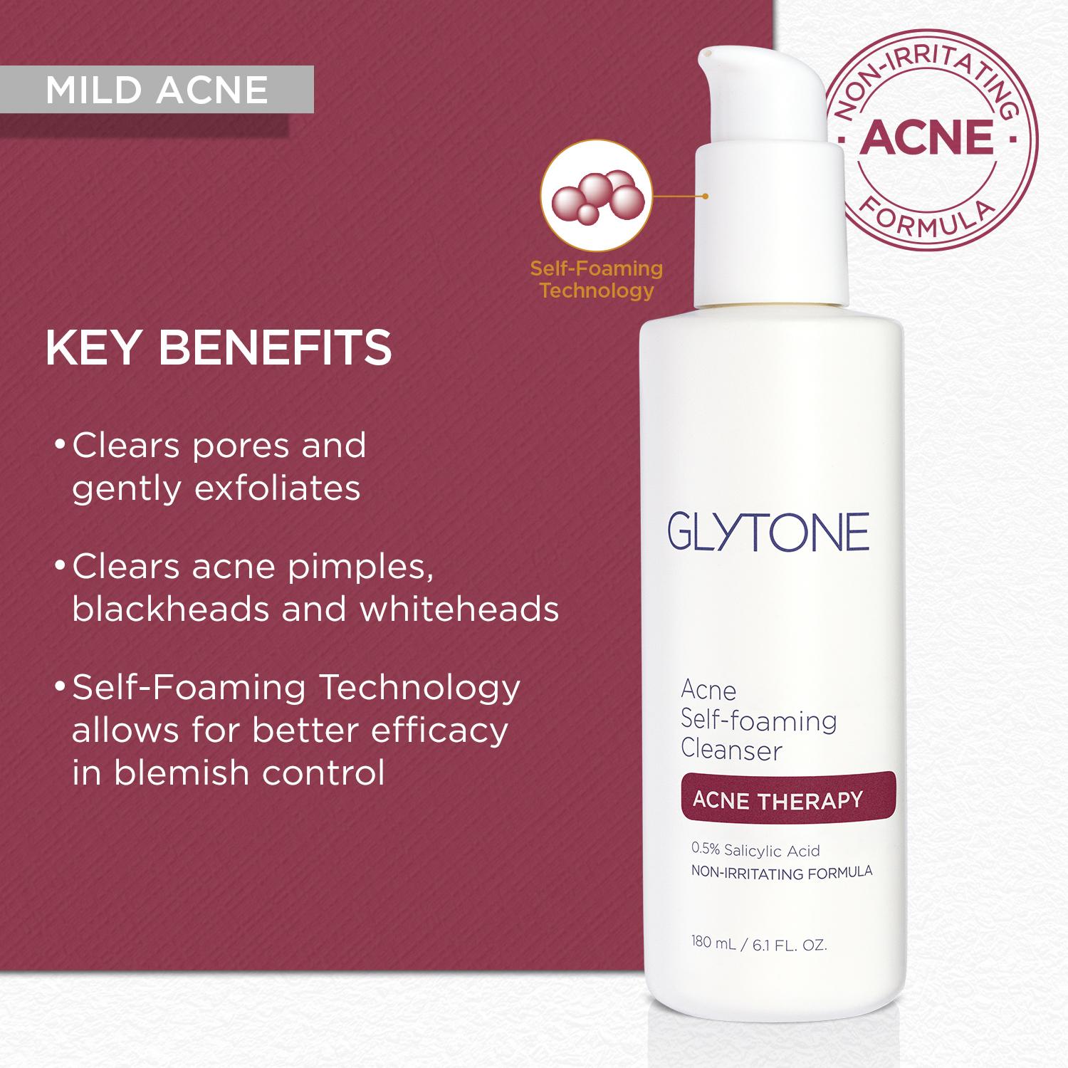 Glytone Self-Foaming Acne Cleanser treats breakouts with salicylic acid and tea tree oil for gentle, refreshing facial cleansing. Skincare Skin Repair Glytone Self-Foaming Acne Cleanser treats breakouts with salicylic acid and tea tree oil for gentle, refreshing facial cleansing. Skincare Skin Repair