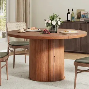 【SummerVibes】47 inch Round Dining Table for 4, Circle Kitchen Table with 2-Layer Storage Shelf and a Drawer, Modern Farmhouse Dinner Tables with Sliding Door and Wood Strip Base for Kitchen, Living Room