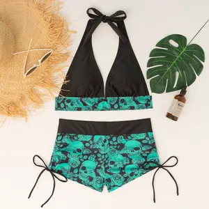 AgeRose Women’s 2-Piece Floral Print Swimwear, Halter Neck Modest Bikini Set, Side Tie Boyshort Bathing Suit for Summer Pool & Beach