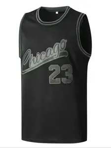 Men's 23 Black Embroidered Vintage Basketball Jersey, Casual Short Sleeve Vest, Summer Fitted Long Clothing, Moderate Fabric, H Type Silhouette