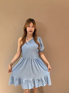 Women's High Stretch One Shoulder Textured Fabric Dress - Elastic Waist Flowy Ruffle Hem Short Dress