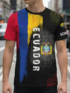 Men's Ecuador Flag Novelty T-Shirt, Summer Short Sleeve Printed Casual Top, Sporty Fitted Long Clothing, All over Print, Streetwear, Menswear